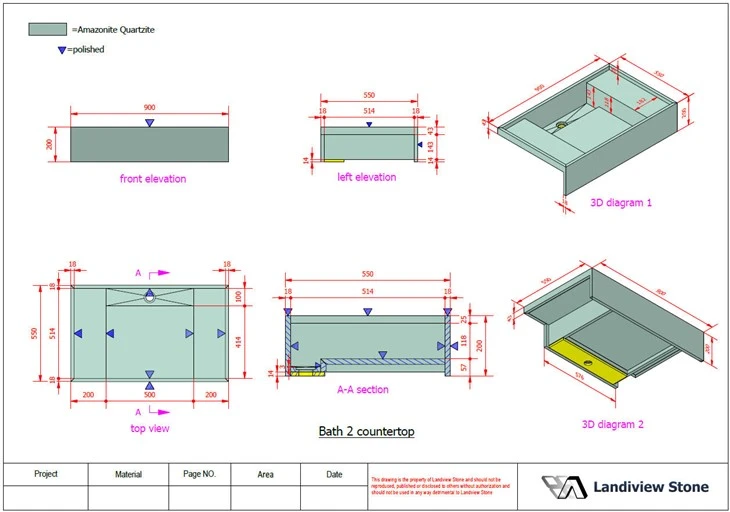 Landiview Stone shop drawing showing dimensions, elevations, section and three-dimensional views for an Amazonite Quartzite integrated sink countertop