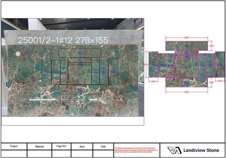 AutoCAD cutting and vein-layout simulation positioning numbered countertop and sink components on the approved Amazonite Quartzite slab image.