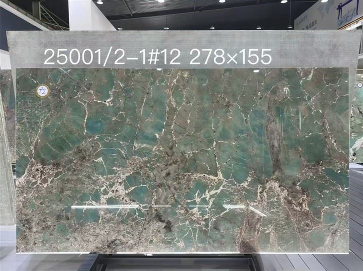 Approved Brazilian Amazonite Quartzite slab with green, gray, brown and white natural veining for an integrated sink countertop.