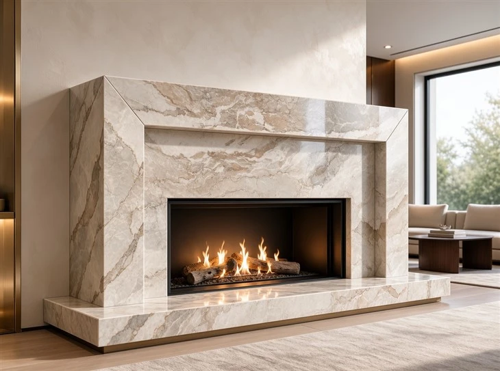 Dolce Vita marble fireplace surround and hearth with mitered edges in a contemporary luxury living room