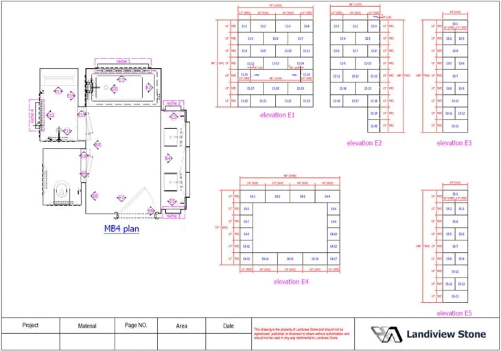 Landiview Stone shop drawings developed from the architectural drawing, with MB-4 plan references, E1 to E5 wall elevations, tile sizes and piece numbers.
