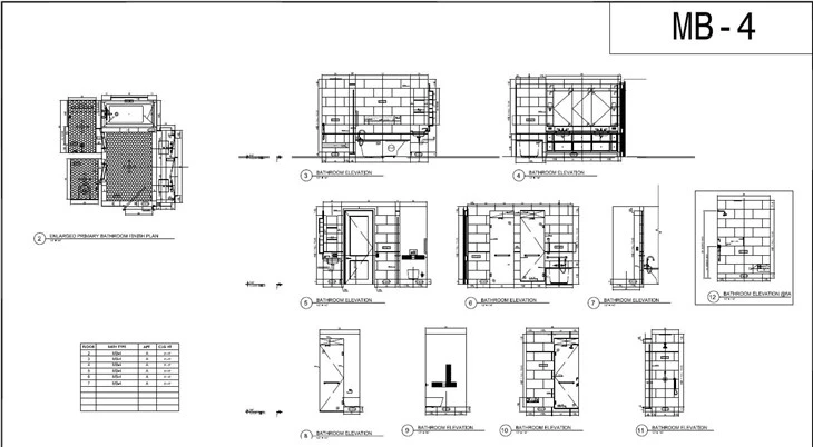 Client architectural drawing for the MB-4 primary bathroom showing the finish plan, wall elevations and dimensions used to define the Bianco Dolomite Marble tile scope.