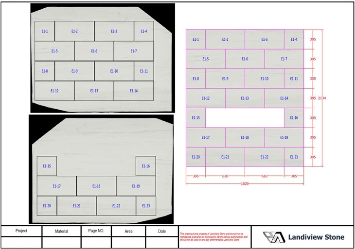 AutoCAD cutting and vein-layout simulation showing numbered E1 tiles positioned on approved slab images and assembled into the intended wall elevation.
