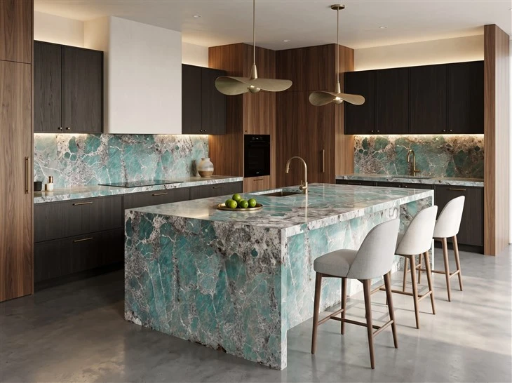 Amazonite Quartzite kitchen countertops, backsplash and waterfall island with dark wood cabinetry