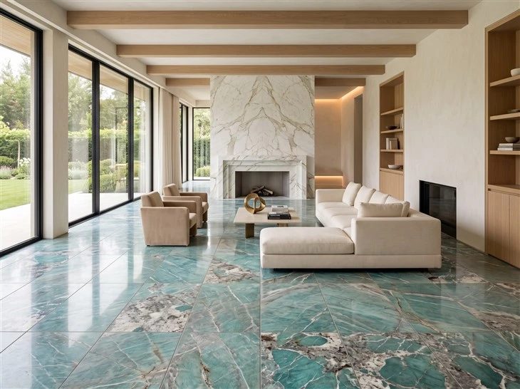 Large-format Amazonite Quartzite floor tiles with visible grout joints in a custom home living room