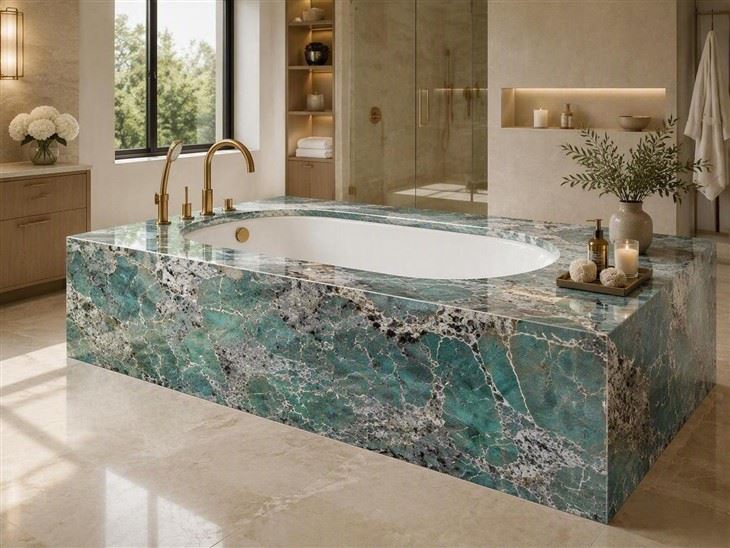 Amazonite Quartzite bathtub deck with polished surfaces, mitered edges and matching stone apron panels