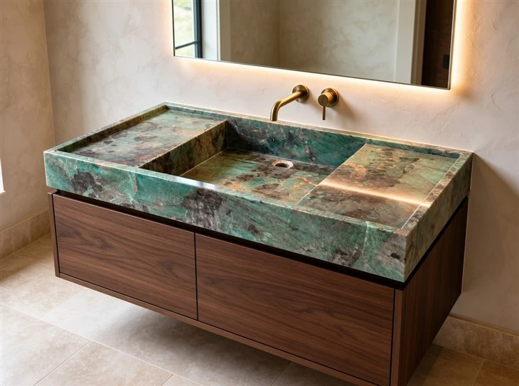Amazonite Quartzite integrated sink vanity with mitered stone edges and a floating walnut cabinet