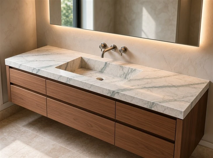 Luce Di Luna quartzite bathroom vanity with an integrated stone sink, mitered edges and floating wood cabinetry