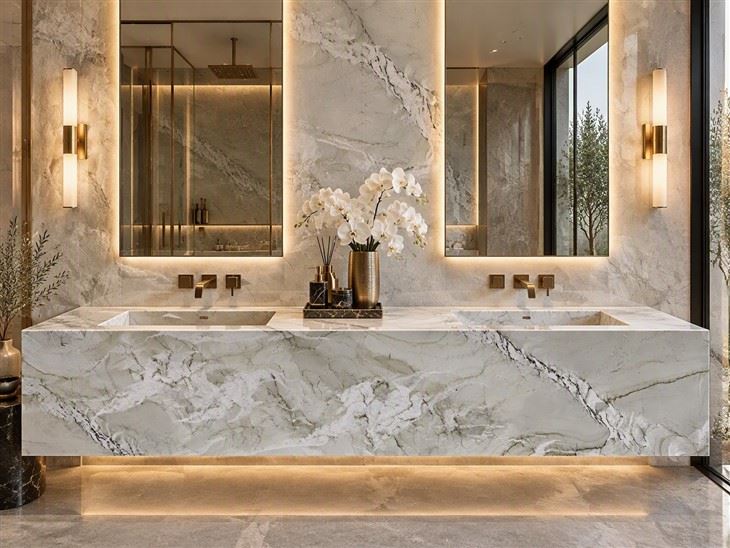 Mont Blanc Quartzite double vanity with integrated sinks, mitered front edges and matching wall cladding in a luxury bathroom