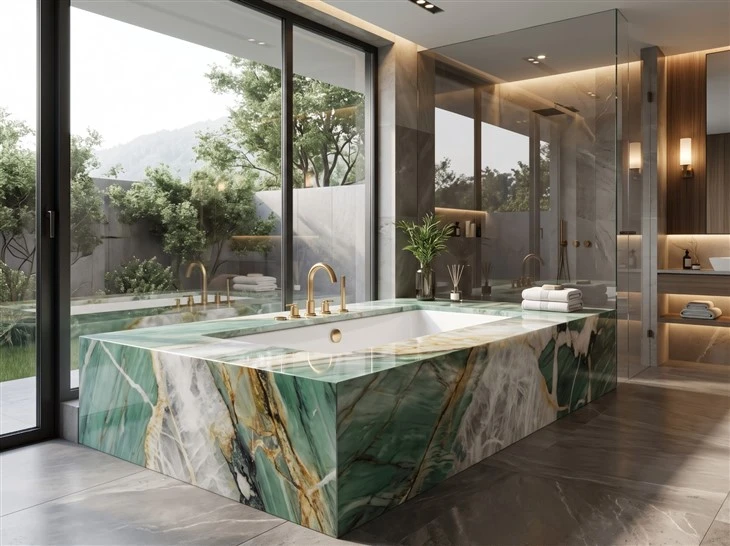 Patagonia Green Quartzite freestanding bathtub deck with full stone cladding, integrated tub surround and elegant green veining in a modern spa bathroom