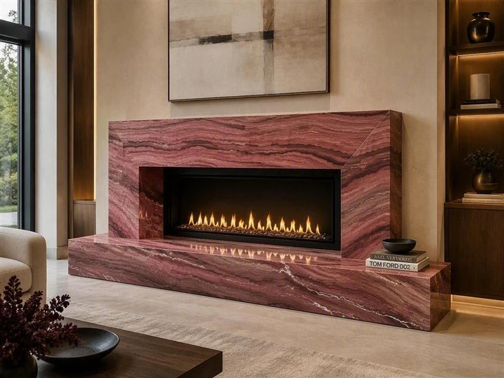 Revolution Quartzite fireplace surround and projecting hearth with mitered edges in a luxury living room