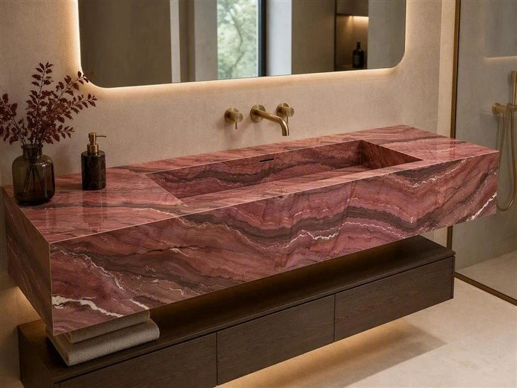 Revolution Quartzite bathroom vanity top with a panel-fabricated integrated sink and mitered edges