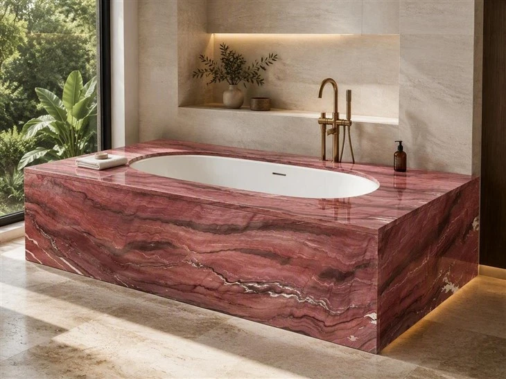 Revolution Quartzite bath tub deck with mitered apron and side panels in a luxury bathroom