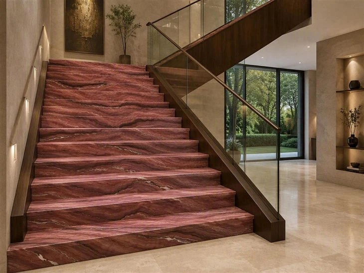 Luxury interior staircase with Revolution Quartzite treads an drisers, walnut side panels and glass railings