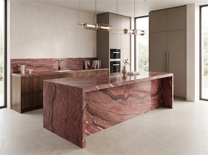 Revolution Quartzite kitchen countertops and waterfall island with mitered edges in a luxury modern kitchen
