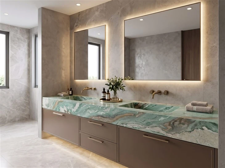 Tiffany Green Quartzite double vanity countertop with integrated sinks, mitered front edge and bookmatched-style veining in a modern bathroom