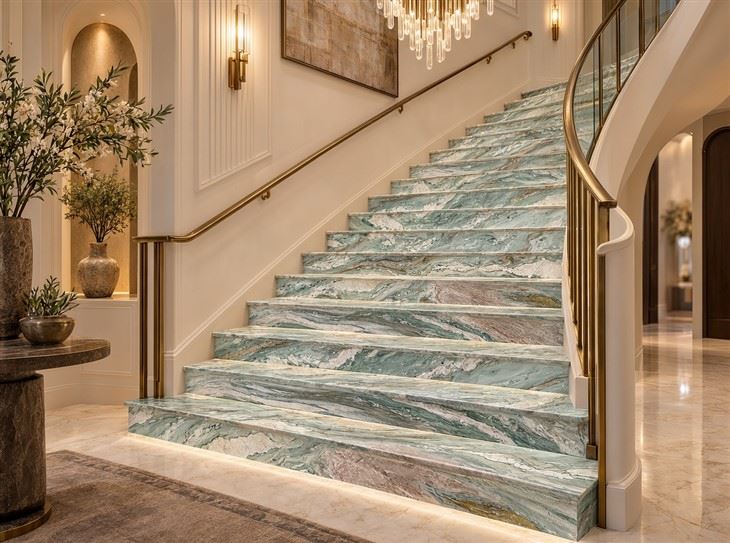 Tiffany Green Quartzite interior staircase with matching treads and risers, flowing green and white veining and brass railings in a luxury foyer