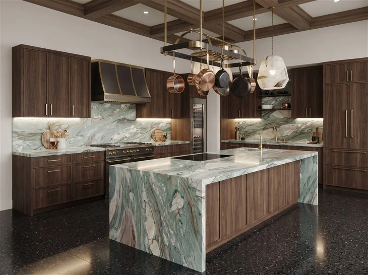 Tiffany Green Quartzite kitchen island, countertops and full-height backsplash with waterfall ends and flowing green and white veining in a luxury kitchen