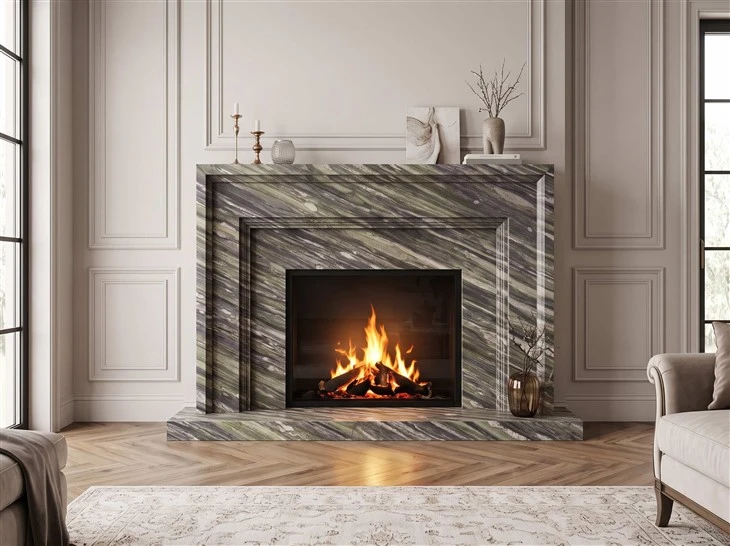 Tropical Fashion Granite fireplace surround with bookmatched veining and polished finish in an elegant contemporary living room