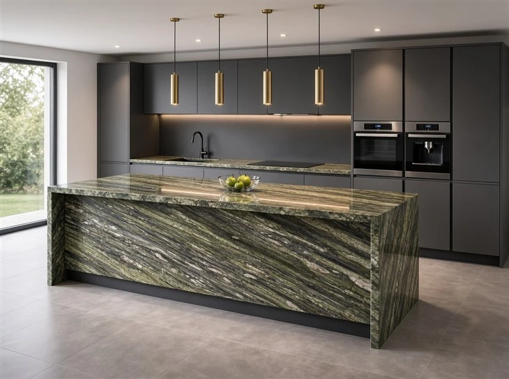 Tropical Fashion Granite waterfall kitchen island and matching countertop with dramatic flowing green and gray veining in a modern luxury kitchen