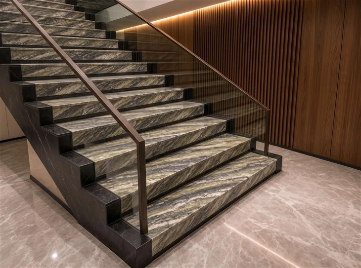 Tropical Fashion Granite interior staircase with full stone treads, risers and landings in a modern luxury commercial interior