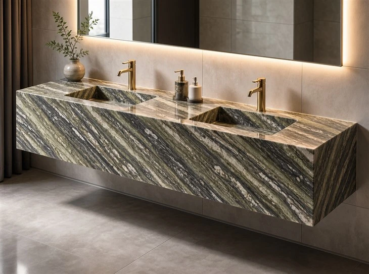 Tropical Fashion Granite floating double vanity with integrated sinks and polished finish in a contemporary luxury bathroom
