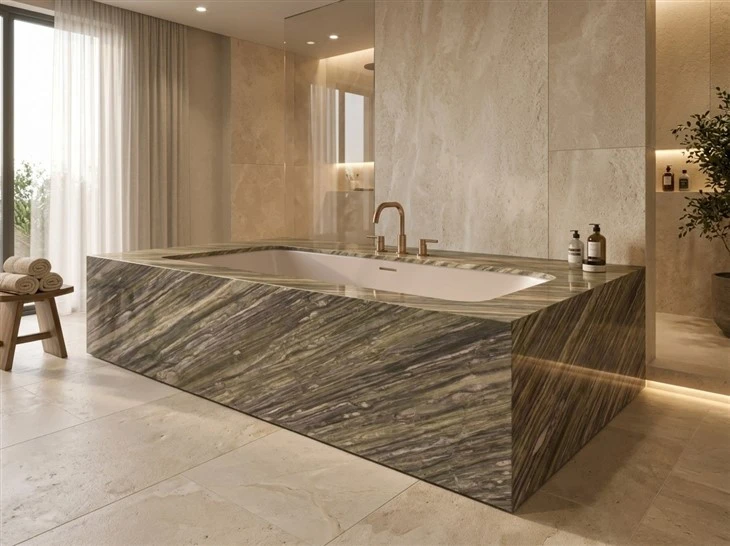 Tropical Fashion Granite bathtub deck and surround with waterfall edges and dramatic linear veining in a luxury spa-style bathroom