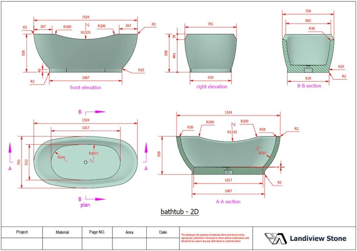 Detailed stone shop drawing for a custom Calacatta Rosa marble bathtub with elevations, plan, sections, and dimensions.