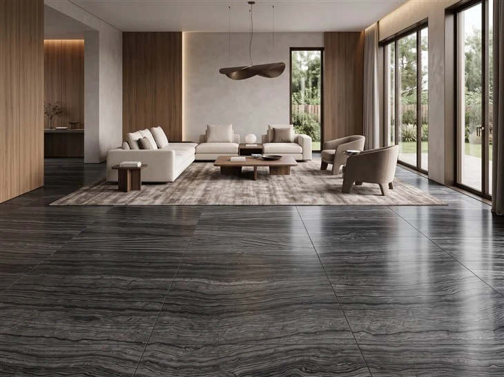 Large-format Zebra Black marble floor tiles with visible dark grout joints in a luxury custom home living room