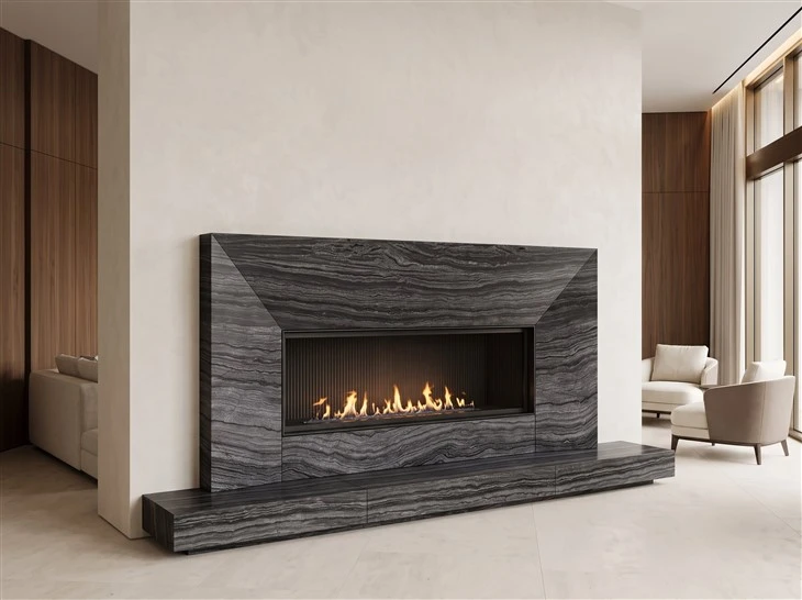 Zebra Black marble fireplace surround and hearth with mitered edges in a luxury custom home