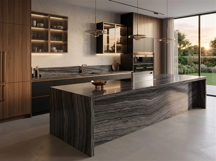 Zebra Black marble kitchen countertops and waterfall island with mitered edges in a luxury custom home