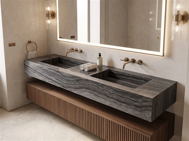 Zebra Black marble bathroom vanity top with two integrated sinks, mitered edges and warm walnut cabinetry
