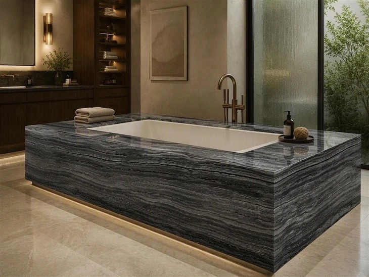 Zebra Black marble bathtub deck with mitered apron and side panels in a luxury custom bathroom