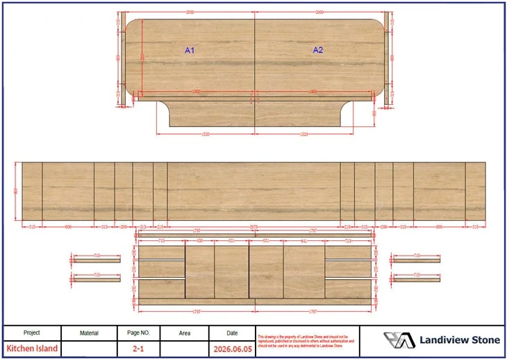 AutoCAD assembly preview showing proposed Silver Travertine vein flow across the island top, fronts and curved ends.