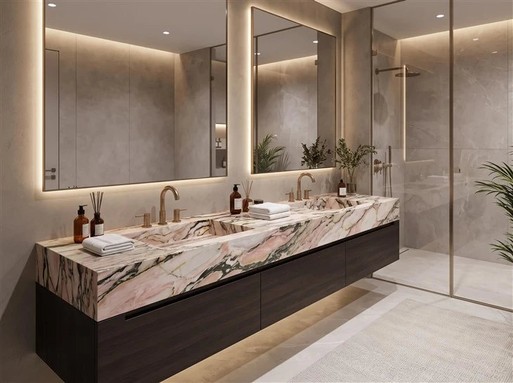 Calacatta Viola Rosa Marble double vanity countertop with integrated sinks and mitered front edges in a modern luxury bathroom