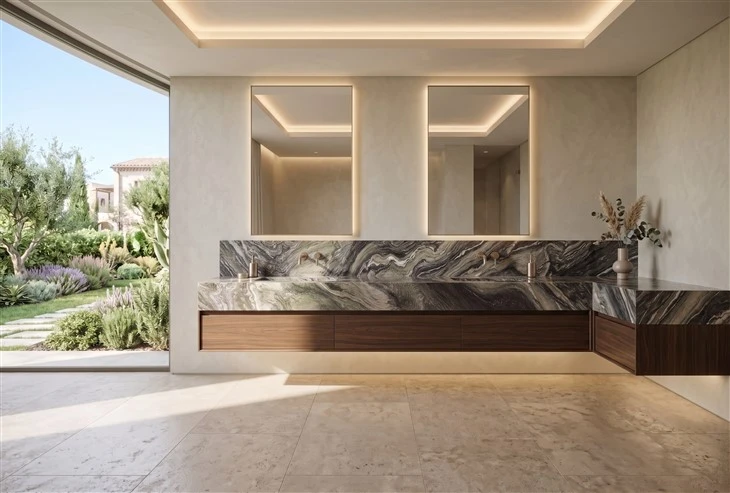 Cipollino Ondulato marble double bathroom vanity top with matching backsplash and floating walnut cabinetry