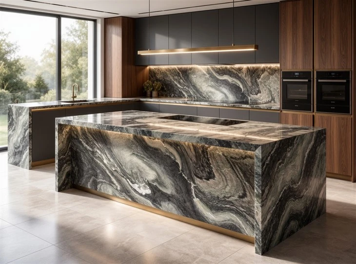 Cipollino Ondulato marble kitchen island with waterfall ends, matching countertops and full-height backsplash