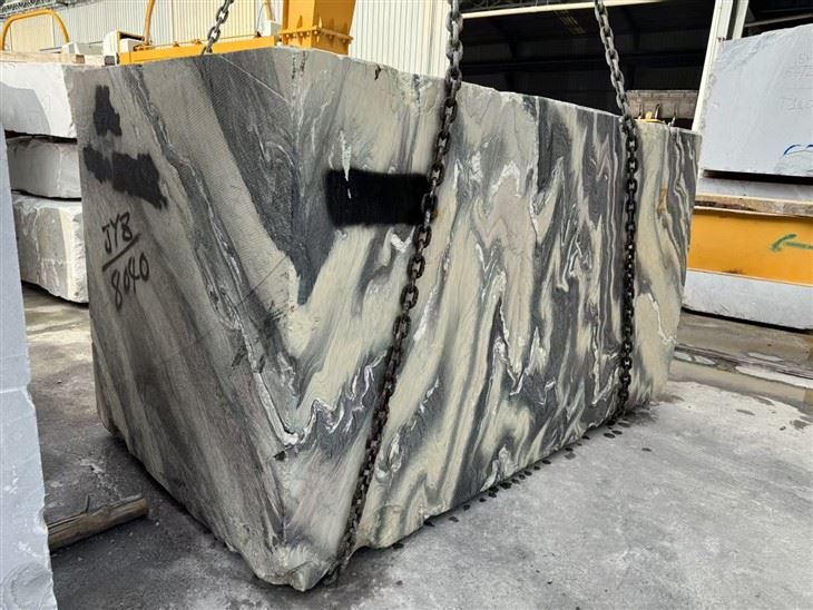 Cipollino Ondulato marble block with dramatic grey, black and pale green natural veining