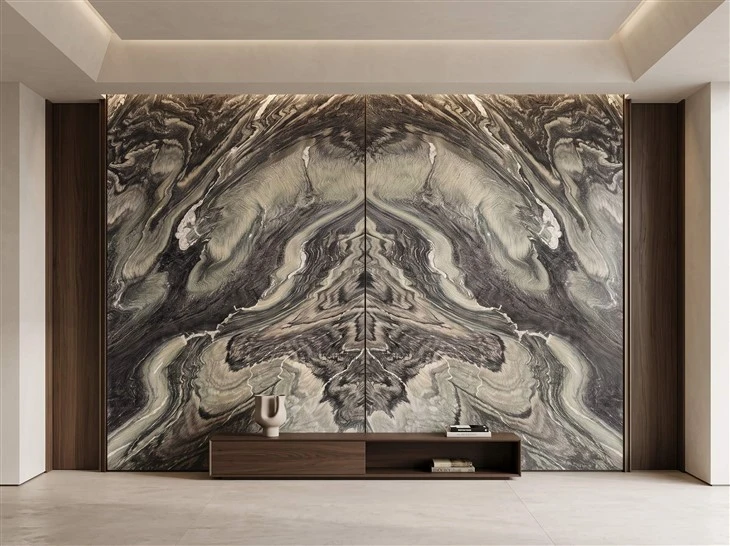 Two-panel book-matched Cipollino Ondulato marble feature wall with symmetrical veining in a luxury interior
