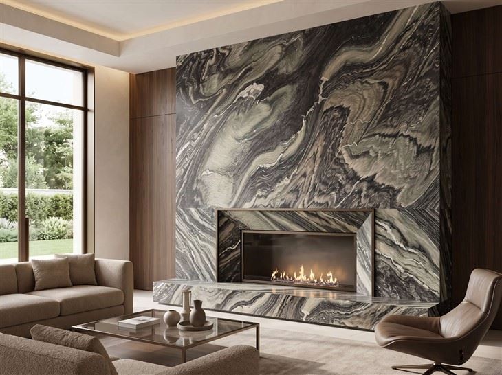 Floor-to-ceiling Cipollino Ondulato marble fireplace surround with a linear firebox in a luxury living room