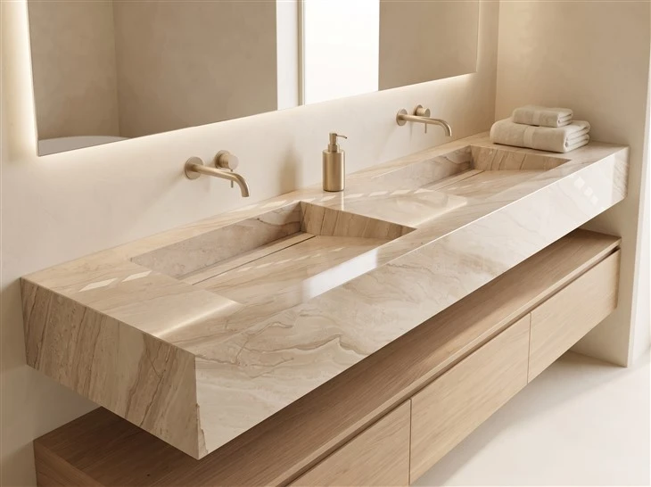 Daino Beige Marble double vanity top with integrated sinks and mitered edges in a modern luxury bathroom