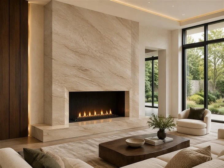 Daino Beige Marble fireplace surround and full-height feature wall in a luxury custom home living room