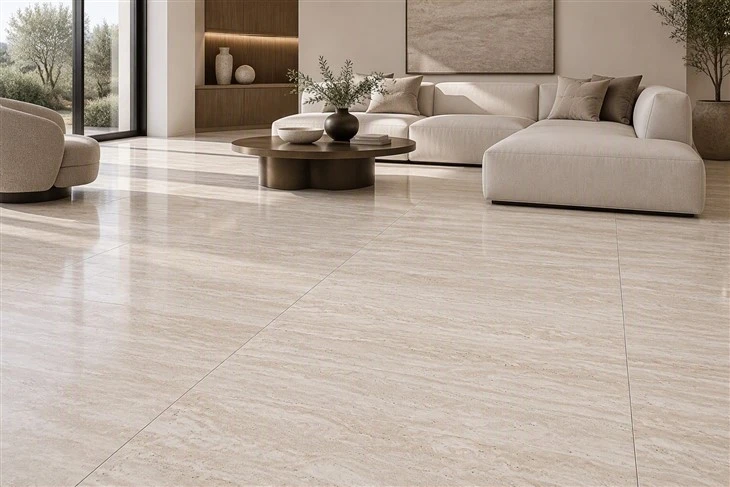 Navona Travertine large-format floor tiles with consistent horizontal veining installed in a contemporary living room