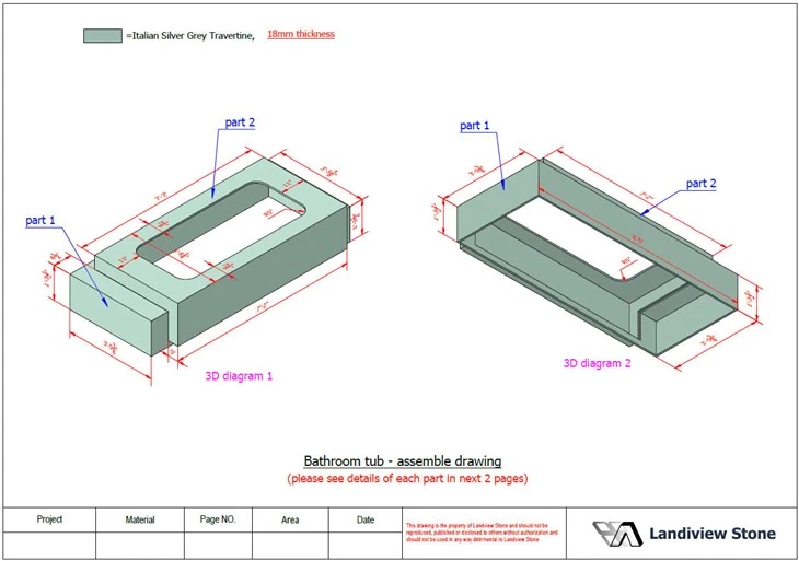 Three-dimensional assembly model showing the dimensional relationship between two groups of 18 mm Italian Silver Travertine bathtub panels.