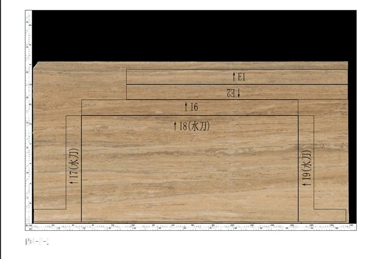 AutoCAD cutting layout placing numbered bathtub panels over a scanned Italian Silver Travertine slab image to coordinate yield and vein direction.