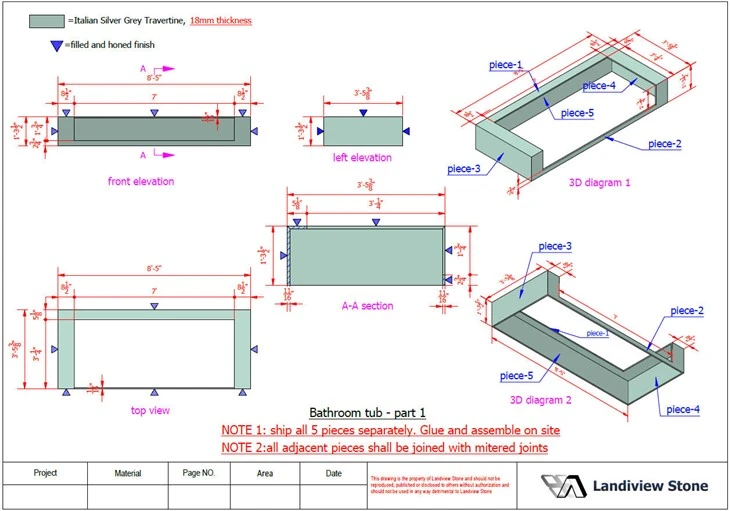 Stone shop drawing for five filled and honed Italian Silver Travertine bathtub panels with dimensions, mitered joints and on-site assembly notes.