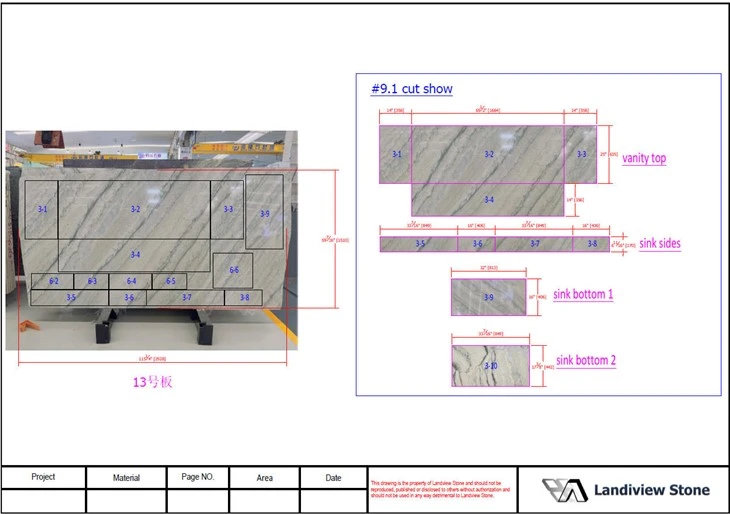 AutoCAD cutting and vein-layout drawing mapping numbered countertop and integrated sink pieces onto the approved Luce Di Luna Quartzite slab scan.