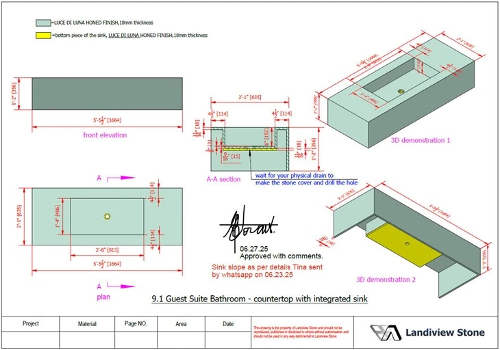 Approved Landiview Stone shop drawing showing plan, elevation, section, dimensions, material thickness, and 3D views for a guest bathroom integrated sink countertop.