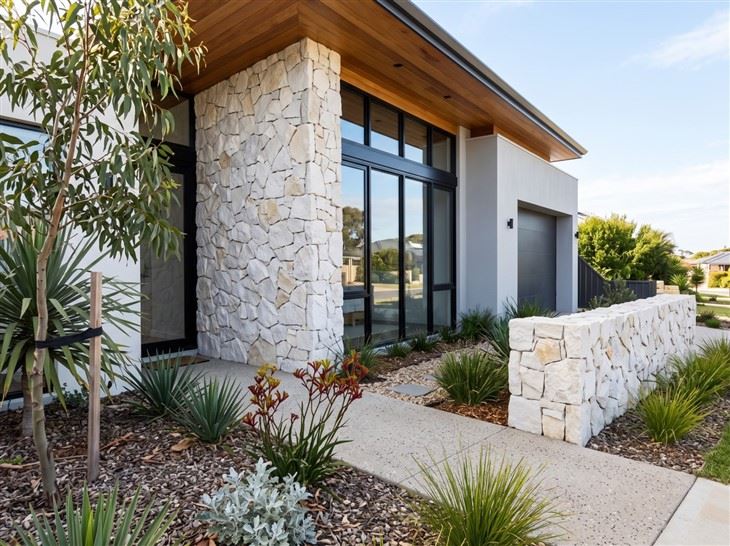 Natural White Quartzite loose random stone wall cladding installed on the exterior entrance wall and garden boundary wall of a modern residence