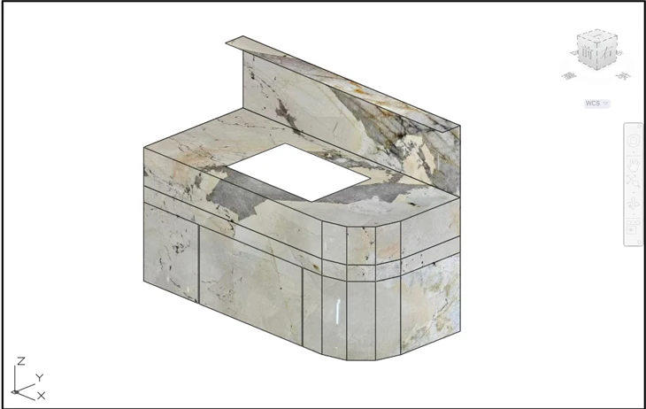 AutoCAD virtual assembly reviewing the countertop, integrated sink, backsplash, fascia and curved stone-clad end.